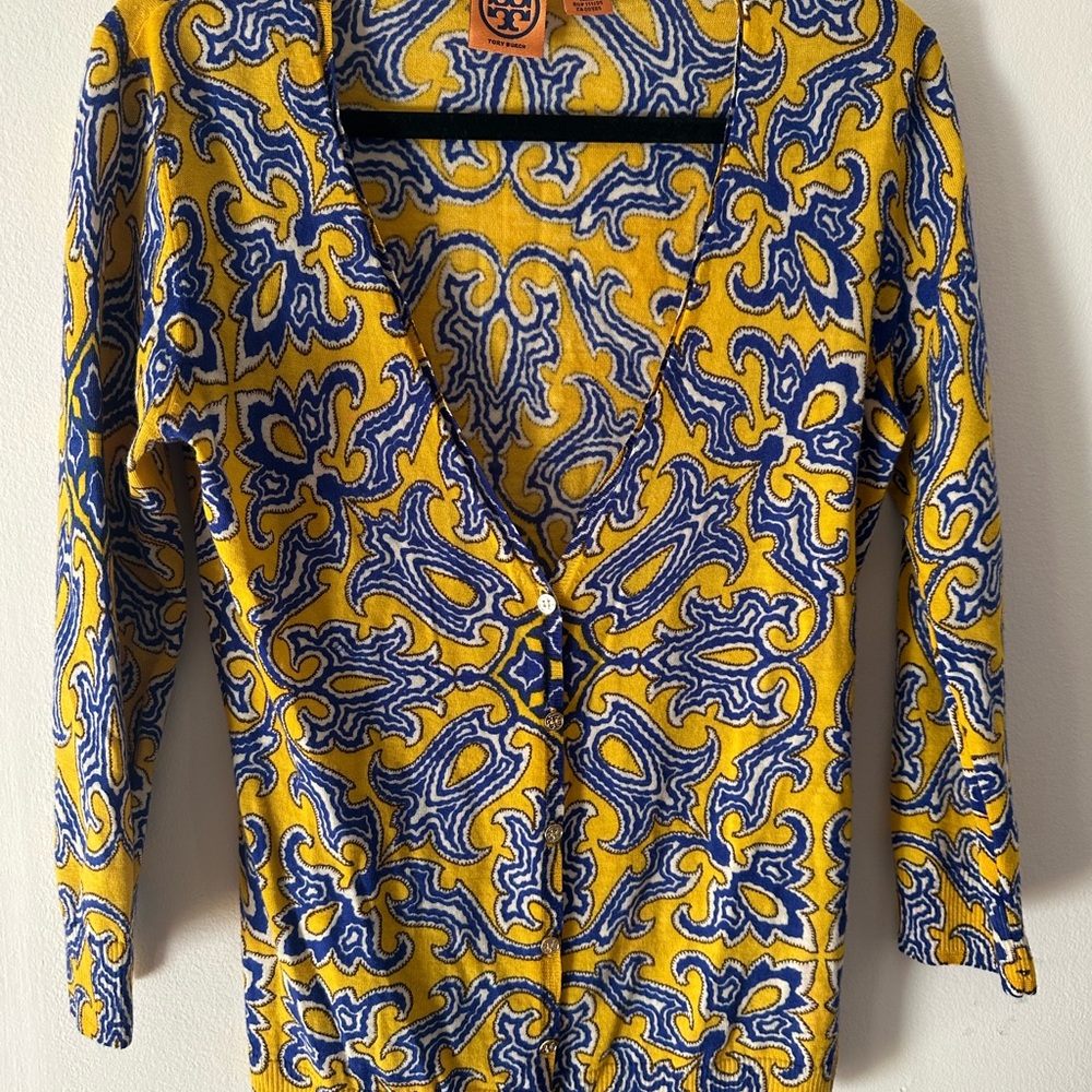 Tory Burch Gold and Blue Fitted Graphic Blouse
